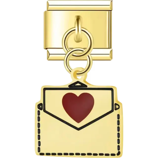 White envelope with red heart detail dangle Italian charm bracelet link