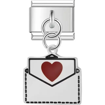 White envelope with red heart detail dangle Italian charm bracelet link
