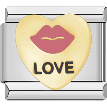 Gold heart pink lips "LOVE" text Italian charm bracelet link