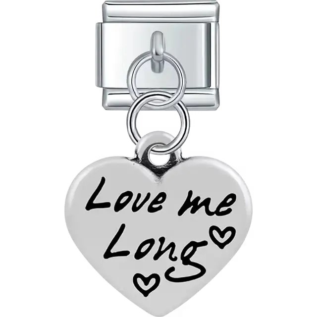 Heart with "Love Me Long" text small heart symbols dangle Italian charm bracelet link
