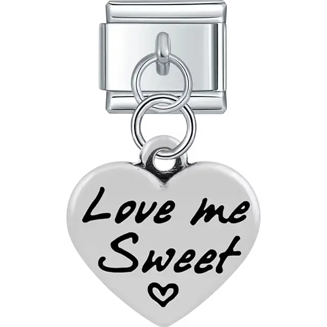 Heart with "Love Me Sweet" text small heart symbol dangle Italian charm bracelet link