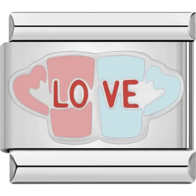 Two interlocking mugs in pink and blue forming the word "LOVE" in red Italian charm bracelet link