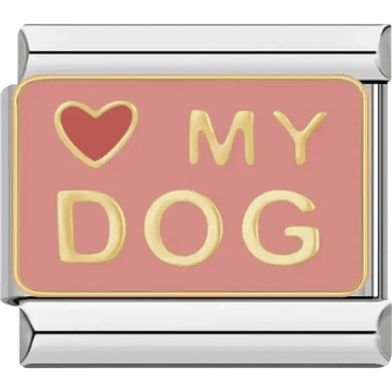 Pink background with a red heart and “My Dog” text in gold Italian charm bracelet link