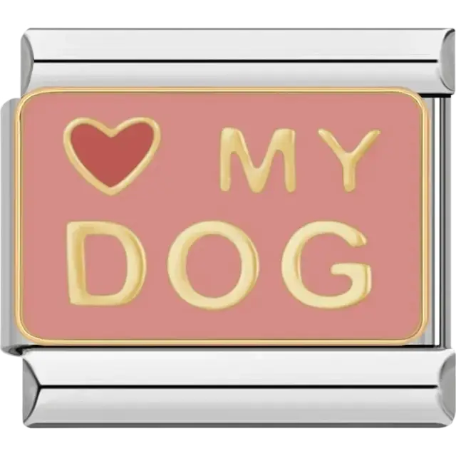 Pink background with a red heart and “My Dog” text in gold Italian charm bracelet link