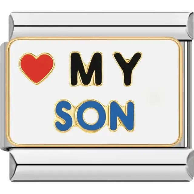 Red heart with black "MY" text and blue "SON" text on a white background Italian charm bracelet link