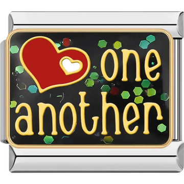 Red heart gold "one another" green hexagons black background Italian charm bracelet link