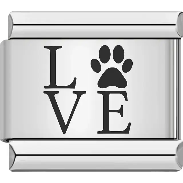 "LOVE" text with a paw print as the letter "O" Italian charm bracelet link