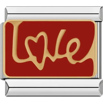 “Love” text with heart detail on a red Italian charm bracelet link