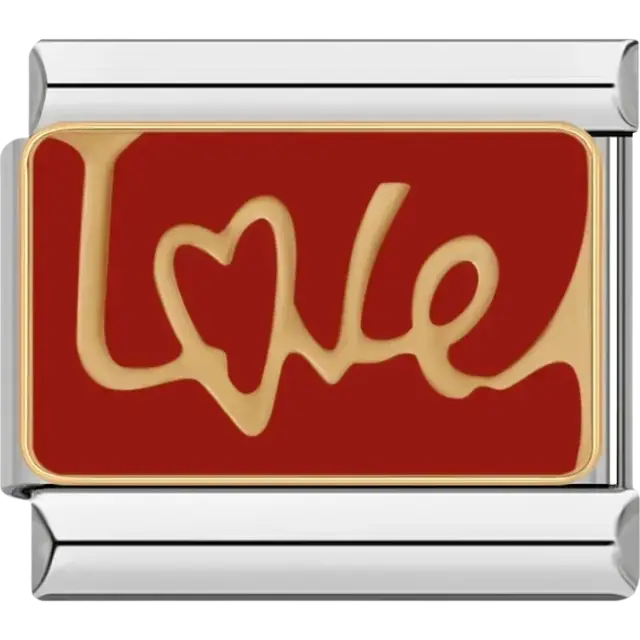 “Love” text with heart detail on a red Italian charm bracelet link
