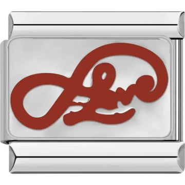 Red "Love" script on a silver background Italian charm bracelet link