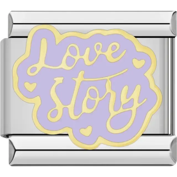 Purple and yellow “Love Story” text with heart accents Italian charm bracelet link