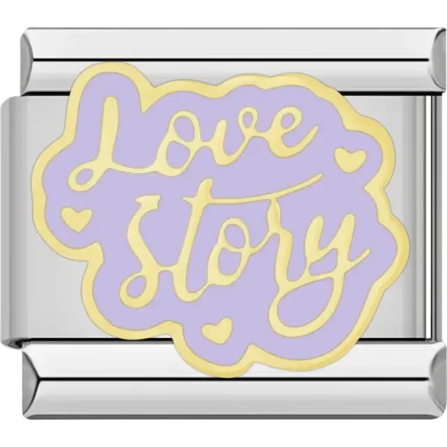 Purple and yellow “Love Story” text with heart accents Italian charm bracelet link