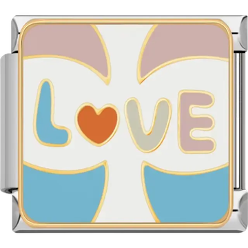 Multicolored letters spelling "LOVE" with an orange heart on a white background Italian charm bracelet link