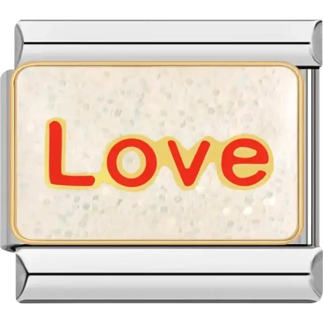 "Love" text design in bold red lettering with gold accents on a shimmering white background Italian charm bracelet link