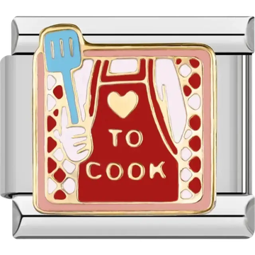 Red apron with “Love to Cook” text and a blue spatula Italian charm bracelet link