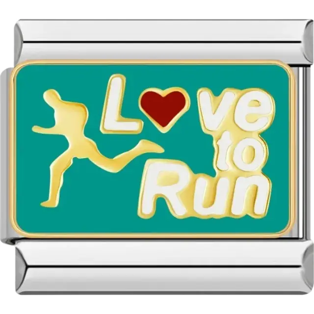 Gold runner silhouette with red heart and white “Love to Run” text on teal background Italian charm bracelet link