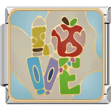 Colorful design featuring a pencil, apple, heart, and "Love to Teach" text Italian charm bracelet link
