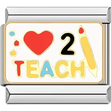 Colorful charm with "❤️ 2 TEACH" text, a paintbrush, and scattered paint splashes Italian charm bracelet link