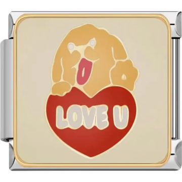 Golden dog with tongue out resting on a red heart featuring "Love U" text Italian charm bracelet link