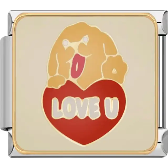 Golden dog with tongue out resting on a red heart featuring "Love U" text Italian charm bracelet link