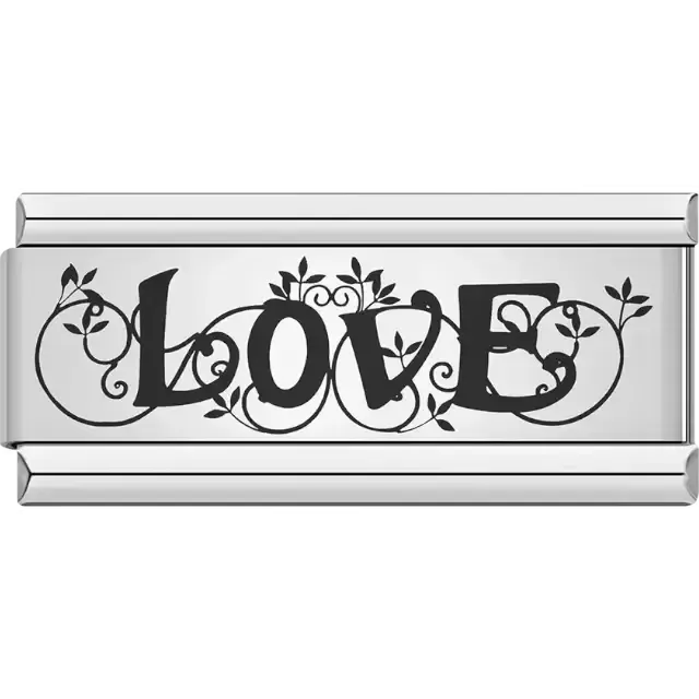 Black "LOVE" text with decorative vines and leaves Italian charm bracelet link