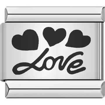Black cursive text "Love" below three black hearts Italian charm bracelet link
