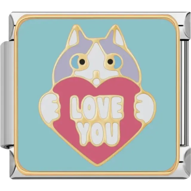 Cat holding a pink heart with "Love You" text on a blue background Italian charm bracelet link