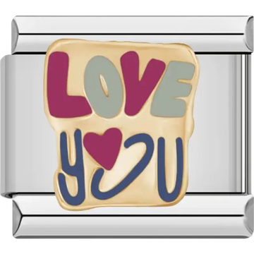 "LOVE YOU" text with pink heart and gold background Italian charm bracelet link