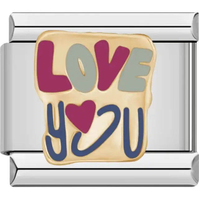 "LOVE YOU" text with pink heart and gold background Italian charm bracelet link