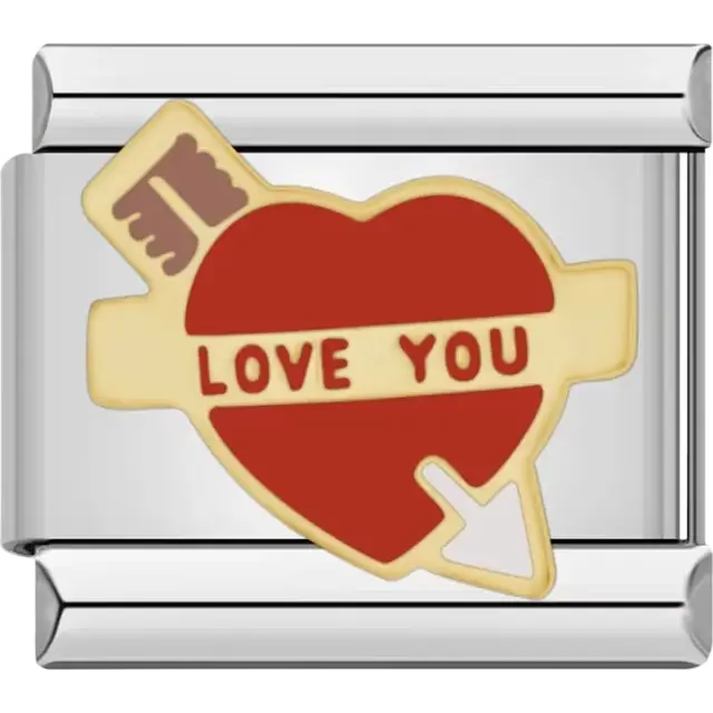 Red heart with gold key arrow and "Love You" text Italian charm bracelet link