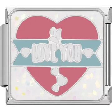 Pink and blue heart design with "Love You" text and paw print details Italian charm bracelet link