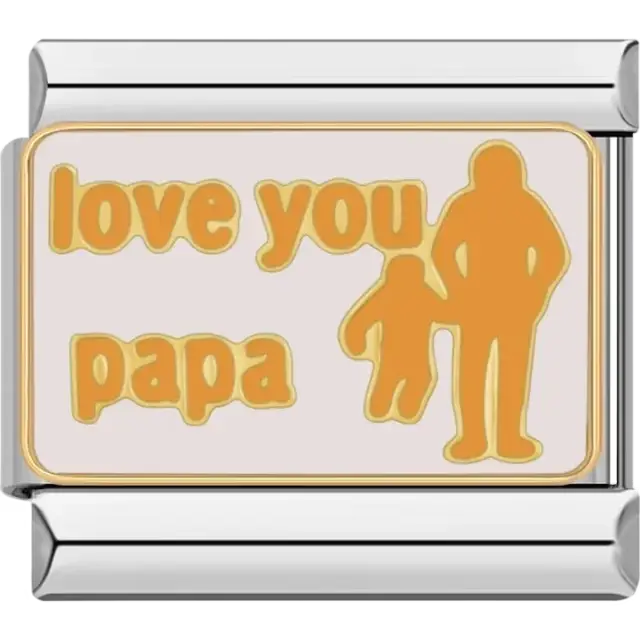 Yellow "Love you papa" text with parent and child silhouette Italian charm bracelet link