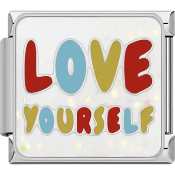 "Love Yourself" text in red, blue, and yellow with a confetti-patterned background Italian charm bracelet link