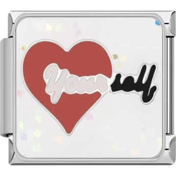 Red heart with "Yourself" text in white and black on a sparkly confetti background Italian charm bracelet link