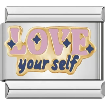 Gold and pink "LOVE yourself" text with blue star accents Italian charm bracelet link