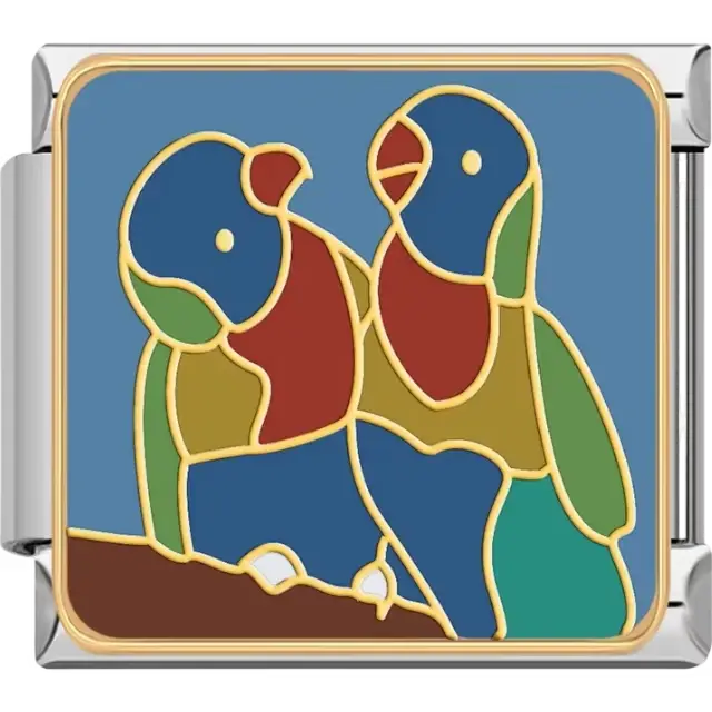 Two colorful lovebirds on a brown branch with blue background Italian charm bracelet link