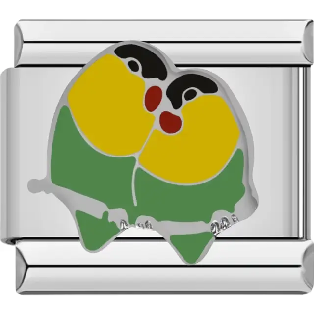 Yellow and green lovebirds with red beaks Italian charm bracelet link