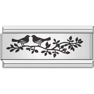 Black silhouette of two lovebirds perched on a leafy branch Italian charm bracelet link