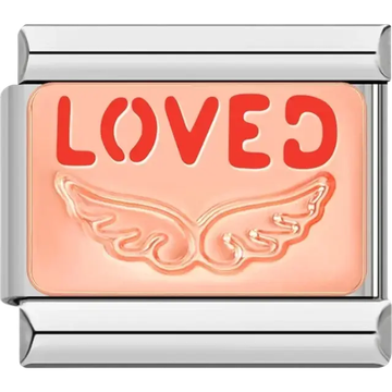 “LOVED” text in red with wing symbol on a peach-toned background Italian charm bracelet link