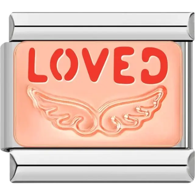 “LOVED” text in red with wing symbol on a peach-toned background Italian charm bracelet link