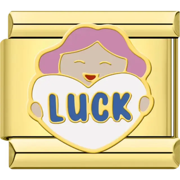 Smiling person holding a white heart with "LUCK" in bold blue letters Italian charm bracelet link