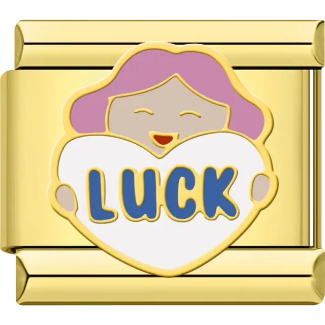 Smiling person holding a white heart with "LUCK" in bold blue letters Italian charm bracelet link