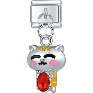 Smiling lucky cat with red crystal dangle Italian charm bracelet link
