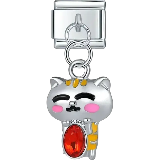 Smiling lucky cat with red crystal dangle Italian charm bracelet link