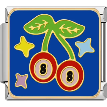 Red cherries with "8" symbols green leaves and colorful stars on a blue background Italian charm bracelet link
