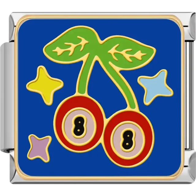 Red cherries with "8" symbols green leaves and colorful stars on a blue background Italian charm bracelet link