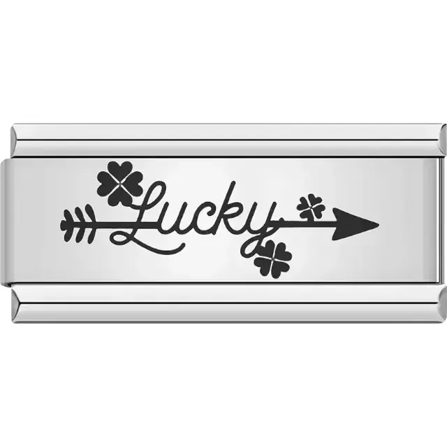 Black cursive "Lucky" text with an arrow and clovers Italian charm bracelet link