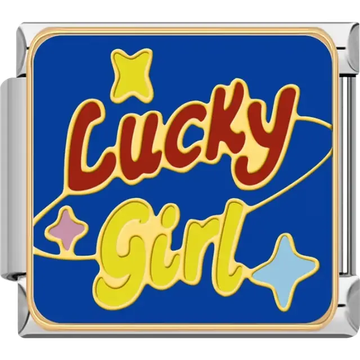 "Lucky Girl" text with colorful stars on a blue background Italian charm bracelet link