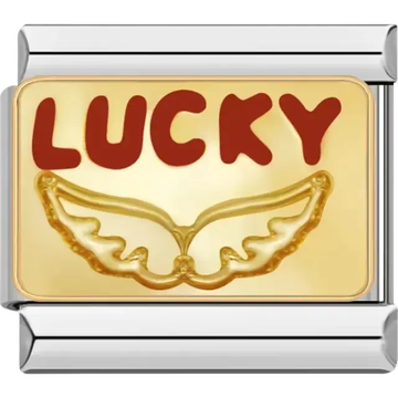 Red "LUCKY" text with gold angel wings on a gold background Italian charm bracelet link