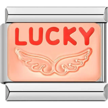 “LUCKY” text in bold red with wing symbol on a peach-toned background Italian charm bracelet link